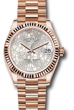 Rolex Everose Gold Datejust 31 Watch - Fluted Bezel - Silver Floral Motif Diamond Dial - President Bracelet - 278275 sflomdp
