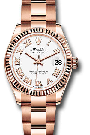 Rolex Everose Gold Datejust 31 Watch - Fluted Bezel - White Roman Dial - Oyster Bracelet - 278275 wro