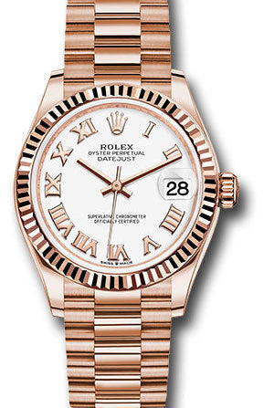 Rolex Everose Gold Datejust 31 Watch - Fluted Bezel - White Roman Dial - President Bracelet - 278275 wrp