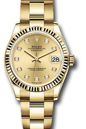 Rolex Yellow Gold Datejust 31 Watch - Fluted Bezel - Champagne Diamond Dial - Oyster Bracelet - 278278 chdo
