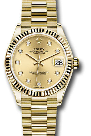 Rolex Yellow Gold Datejust 31 Watch - Fluted Bezel - Champagne Diamond Dial - President Bracelet - 278278 chdp
