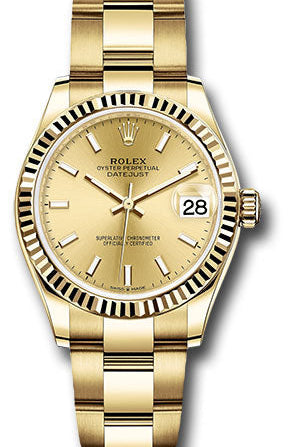 Rolex Yellow Gold Datejust 31 Watch - Fluted Bezel - Champagne Index Dial - Oyster Bracelet - 278278 chio
