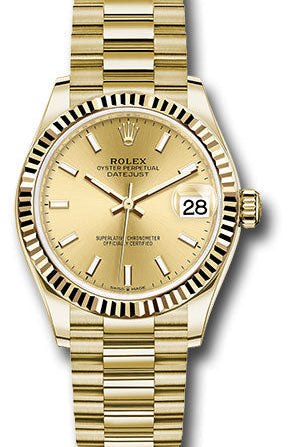 Rolex Yellow Gold Datejust 31 Watch - Fluted Bezel - Champagne Index Dial - President Bracelet - 278278 chip