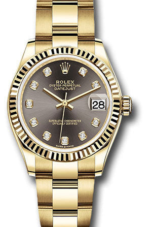 Rolex Yellow Gold Datejust 31 Watch - Fluted Bezel - Dark Grey Diamond Dial - Oyster Bracelet - 278278 dkgdo