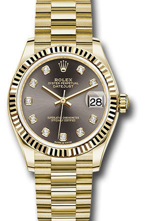 Rolex Yellow Gold Datejust 31 Watch - Fluted Bezel - Dark Grey Diamond Dial - President Bracelet - 278278 dkgdp
