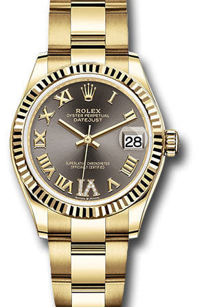 Rolex Yellow Gold Datejust 31 Watch - Fluted Bezel - Dark Grey Diamond Six Dial - Oyster Bracelet - 278278 dkgdr6o
