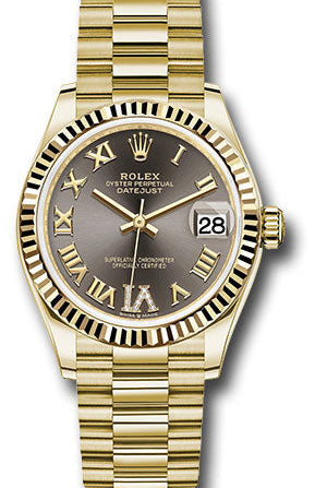 Rolex Yellow Gold Datejust 31 Watch - Fluted Bezel - Dark Grey Diamond Six Dial - President Bracelet - 278278 dkgdr6p