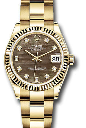 Rolex Yellow Gold Datejust 31 Watch - Fluted Bezel - Dark Mother-of-Pearl Diamond Dial - Oyster Bracelet - 278278 dkmdo