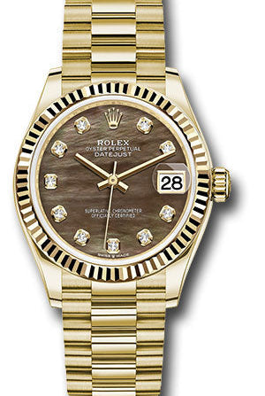 Rolex Yellow Gold Datejust 31 Watch - Fluted Bezel - Dark Mother-of-Pearl Diamond Dial - President Bracelet - 278278 dkmdp