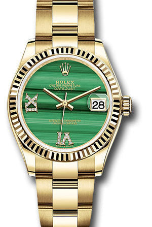 Rolex Yellow Gold Datejust 31 Watch - Fluted Bezel - Malachite Diamond Six and Nine Dial - Oyster Bracelet - 278278 madr69o