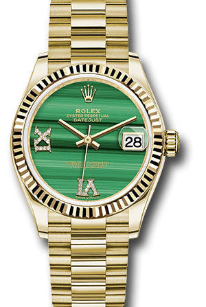 Rolex Yellow Gold Datejust 31 Watch - Fluted Bezel - Malachite Diamond Six and Nine Dial - President Bracelet - 278278