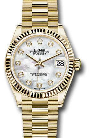 Rolex Yellow Gold Datejust 31 Watch - Fluted Bezel - Mother-of-Pearl Diamond Dial - President Bracelet - 278278 mdp