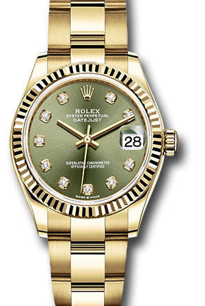 Rolex Yellow Gold Datejust 31 Watch - Fluted Bezel - Olive Green Diamond Dial - Oyster Bracelet - 278278 ogdo