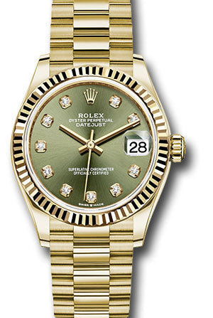 Rolex Yellow Gold Datejust 31 Watch - Fluted Bezel - Olive Green Diamond Dial - President Bracelet - 278278 ogdp