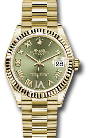 Rolex Yellow Gold Datejust 31 Watch - Fluted Bezel - Olive Green Diamond Six Dial - President Bracelet - 278278 ogdr6p