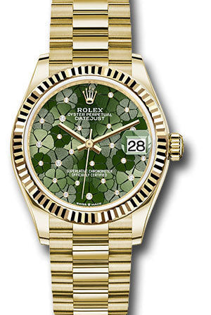 Rolex Yellow Gold Datejust 31 Watch - Fluted Bezel - Olive Green Floral Motif Diamond 6 Dial - President Bracelet - 278278