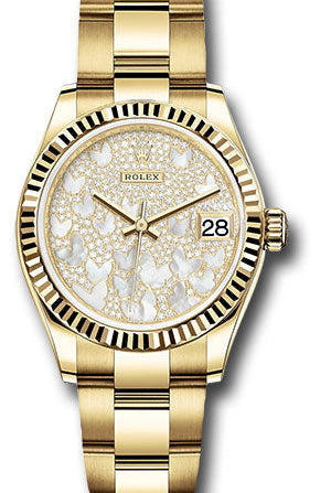 Rolex Yellow Gold Datejust 31 Watch - Fluted Bezel - Paved Mother-of-Pearl Butterfly Dial - Oyster Bracelet - 278278 pmopbo