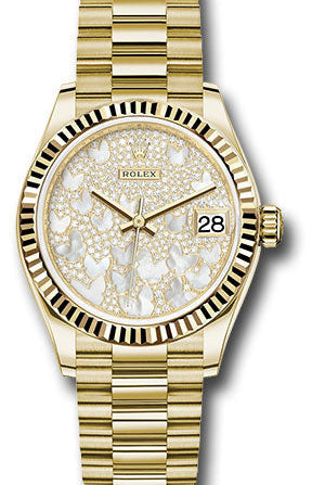 Rolex Yellow Gold Datejust 31 Watch - Fluted Bezel - Paved Mother-of-Pearl Butterfly Dial - President Bracelet - 278278