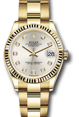Rolex Yellow Gold Datejust 31 Watch - Fluted Bezel - Silver Diamond Dial - Oyster Bracelet - 278278 sdo
