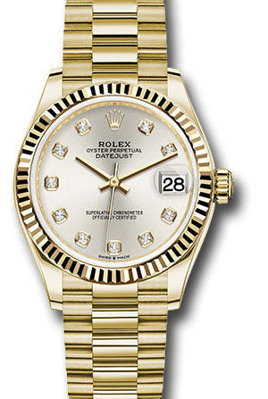 Rolex Yellow Gold Datejust 31 Watch - Fluted Bezel - Silver Diamond Dial - President Bracelet - 278278 sdp