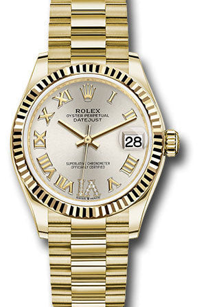 Rolex Yellow Gold Datejust 31 Watch - Fluted Bezel - Silver Diamond Six Dial - President Bracelet - 278278 sdr6p
