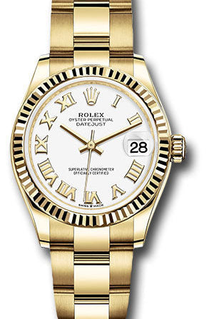Rolex Yellow Gold Datejust 31 Watch - Fluted Bezel - White Roman Dial - Oyster Bracelet - 278278 wro