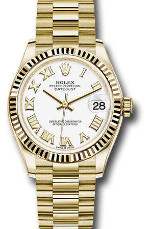 Rolex Yellow Gold Datejust 31 Watch - Fluted Bezel - White Roman Dial - President Bracelet - 278278 wrp