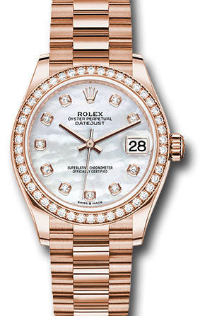 Rolex Everose Gold Datejust 31 Watch - Diamond Bezel - Silver Diamond Dial - President Bracelet - 278285RBR mdp