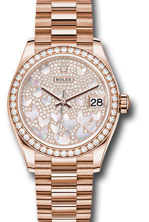 Rolex Everose Gold Datejust 31 Watch - Diamond Bezel - Diamond Paved Butterfly Dial - President Bracelet - 278285RBR pmopbp