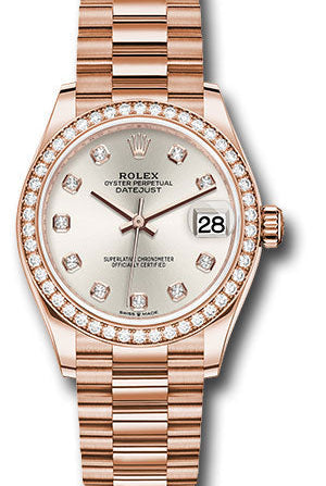 Rolex Everose Gold Datejust 31 Watch - Diamond Bezel - Silver Diamond Dial - President Bracelet - 278285RBR sdp