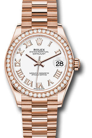 Rolex Everose Gold Datejust 31 Watch - Diamond Bezel - White Roman Dial - President Bracelet - 278285RBR wrp