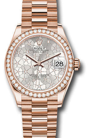Rolex Everose Gold Datejust 31 Watch - Diamond Bezel - Silver Floral Motif Diamond Dial - President Bracelet - 278285rbr sflomdp