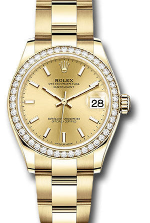 Rolex Yellow Gold Datejust 31 Watch - Diamond Bezel - Champagne Index Dial - Oyster Bracelet - 278288RBR chio