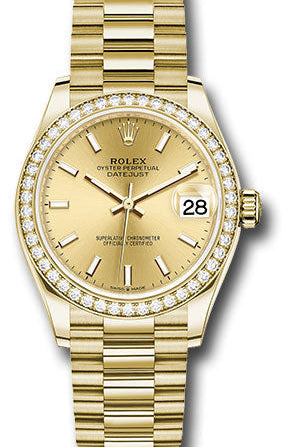 Rolex Yellow Gold Datejust 31 Watch - Diamond Bezel - Champagne Index Dial - President Bracelet - 278288RBR chip