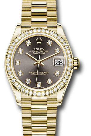 Rolex Yellow Gold Datejust 31 Watch - Diamond Bezel - Dark Grey Diamond Dial - President Bracelet - 278288RBR dkgdp