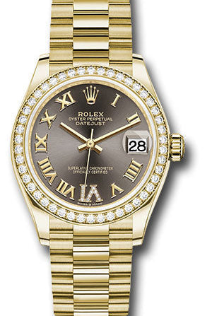 Rolex Yellow Gold Datejust 31 Watch - Diamond Bezel - Dark Grey Diamond Six Dial - President Bracelet - 278288RBR dkgdr6p