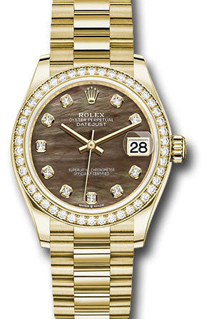 Rolex Yellow Gold Datejust 31 Watch - Diamond Bezel - Dark Mother-of-Pearl Diamond Dial - President Bracelet - 278288RBR
