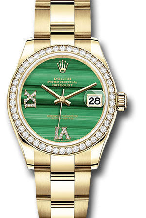 Rolex Yellow Gold Datejust 31 Watch - Diamond Bezel - Malachite Diamond Six and Nine Dial - Oyster Bracelet - 278288RBR