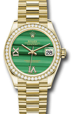 Rolex Yellow Gold Datejust 31 Watch - Diamond Bezel - Malachite Diamond Six and Nine Dial - President Bracelet - 278288RBR
