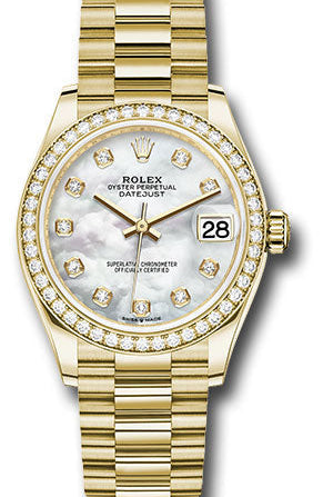 Rolex Yellow Gold Datejust 31 Watch - Diamond Bezel - Mother-of-Pearl Diamond Dial - President Bracelet - 278288RBR mdp
