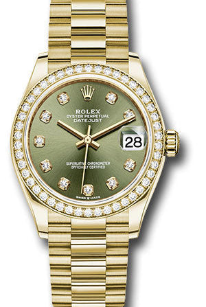 Rolex Yellow Gold Datejust 31 Watch - Diamond Bezel - Olive Green Diamond Dial - President Bracelet - 278288RBR ogdp