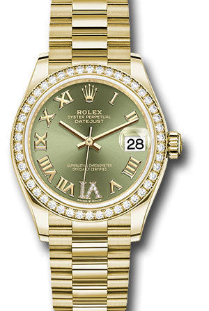Rolex Yellow Gold Datejust 31 Watch - Diamond Bezel - Olive Green Diamond Six Dial - President Bracelet - 278288RBR ogdr6p