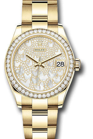 Rolex Yellow Gold Datejust 31 Watch - Diamond Bezel - Paved Mother-of-Pearl Butterfly Dial - Oyster Bracelet - 278288RBR