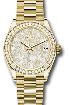 Rolex Yellow Gold Datejust 31 Watch - Diamond Bezel - Paved Mother-of-Pearl Butterfly Dial - President Bracelet - 278288RBR