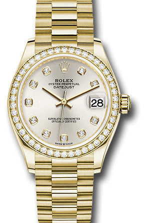 Rolex Yellow Gold Datejust 31 Watch - Diamond Bezel - Silver Diamond Dial - President Bracelet - 278288RBR sdp