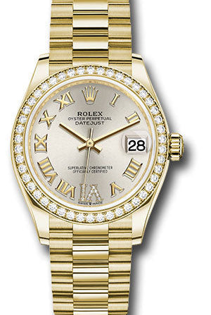Rolex Yellow Gold Datejust 31 Watch - Diamond Bezel - Silver Diamond Six Dial - President Bracelet - 278288RBR sdr6p