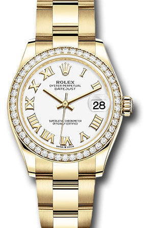Rolex Yellow Gold Datejust 31 Watch - Diamond Bezel - White Roman Dial - Oyster Bracelet - 278288RBR wro