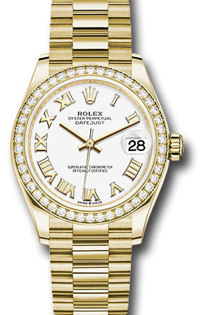 Rolex Yellow Gold Datejust 31 Watch - Diamond Bezel - White Roman Dial - President Bracelet - 278288RBR wrp