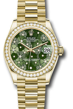 Rolex Yellow Gold Datejust 31 Watch - Diamond Bezel - Olive Green Floral Motif Diamond 6 Dial - President Bracelet -