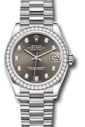 Rolex White Gold Datejust 31 Watch - Diamond Bezel - Dark Grey Roman Dial - President Bracelet - 278289RBR dkgrdp